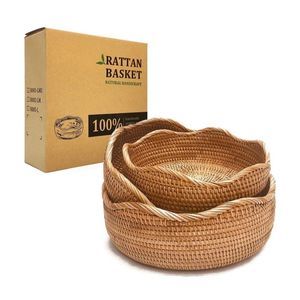 Brand New Hand Woven Lot of 3 Rattan Baskets 9”, 10”, 11” Decor